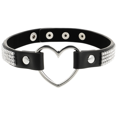 Collare BDSM Donna in Pelle Vegana con Cuore e Strass - Nero Regolabile